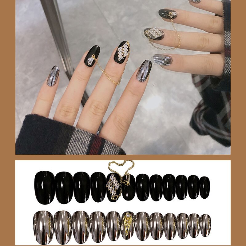 24 stuks verwijderbare zwarte zilveren nepnagels punk zirkoon vergulde ketting nagelverlenging glanzende afneembare meisjes nagelkunstdecoratie: Default Title