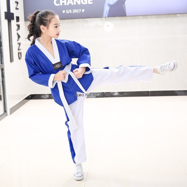 Blue Taekwondo Uniforms Children Adult Unisex Long Sleeve Taekwondo Dobok Clothes Suit Taekwondo Training Clothing