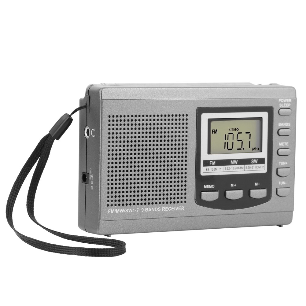 HRD-310 FM Radio MW SW Digital Alarm Clock LCD Screen Portable FM Radio Receiver with Earphone: Grey