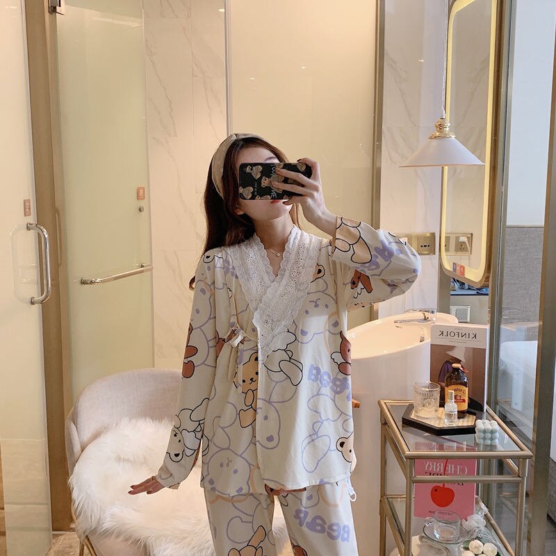 Japón Kimono maternidad set de lactancia materna de Primavera de camisón mujer embarazada 2 Pieecs lactancia pijamas ropa