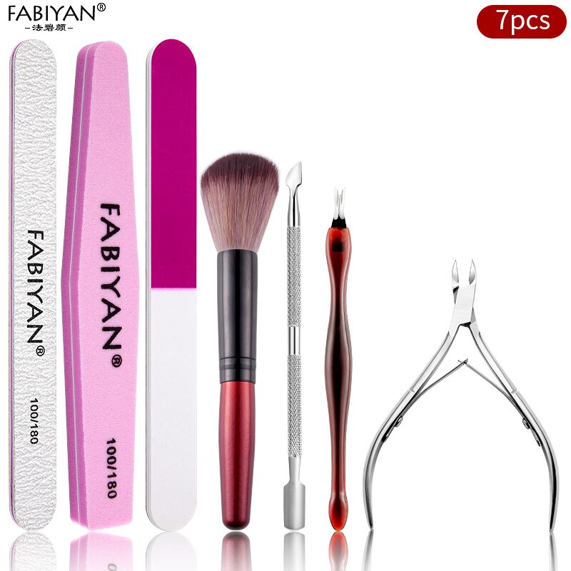 Manicure Set Cuticle Pusher Clippers Nail Art Files Buffer Sanding Tool Cleaning Brush Scissors Dead Skin Remover Dotting Pen: 7Pcs