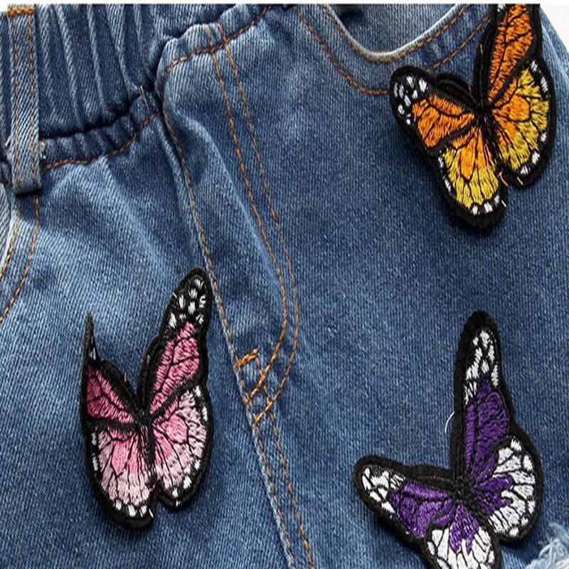 Jeans til piger sommerfugl applikeret flået jeans til børn denim bukser børn bukser lille barn lange jeans baby pige tøj 4t