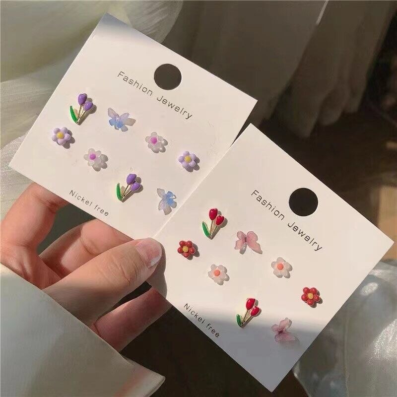 Aomu korea retro rosa blå gul blomma frukt örhänge söt släta oregelbundna geometriska örhängen med små nitar för kvinnor