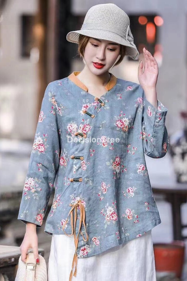 2022 woman traditional chinese qipao top cotton linen half sleeve bow hanfu tops chinese casual vintage tang suit shirt