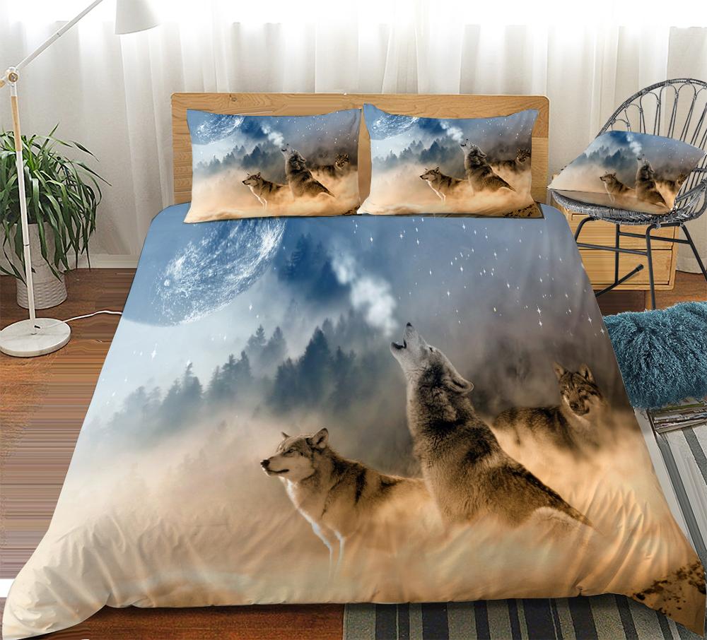 Animaux 3D loup lune ensemble de literie literie personnalisée housse de couette couette et taie d'oreiller couverture de lit Textile à la maison