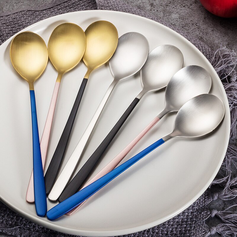 Stainless Steel rainbow Long Handled coffee spoons mixing spoons set cold drink fruit Ice Cream Dessert Tea Spoon Drinking Tools