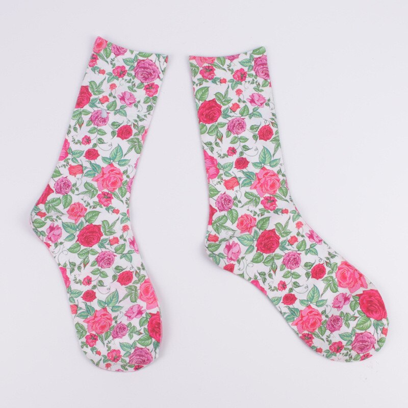 Frauen Garten Blumen- Mittlere Waden Socken retro Blume Druck Baumwolle Socken Atmungsaktiv Weich Stilvolle Sox 3 Paar einstellen: 3 paar (weiß)