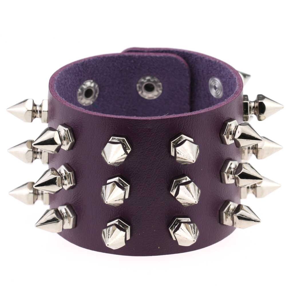 Boho Emo Spike bransoletka sztuczna skóra Punk bransoletki dla kobiet mężczyzn biżuteria Goth dziewczyna chłopiec mankiet Bangle Studded Halloween nadgarstek: P136 Purple