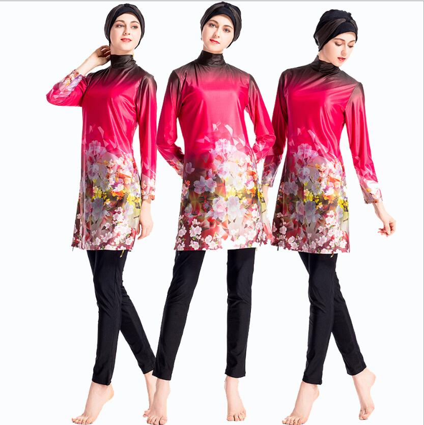 Bañador estampado para mujer, Burkini chino rojo, trajes de baño completos de manga larga, traje de baño musulmán Floral, S-4XL de pesca