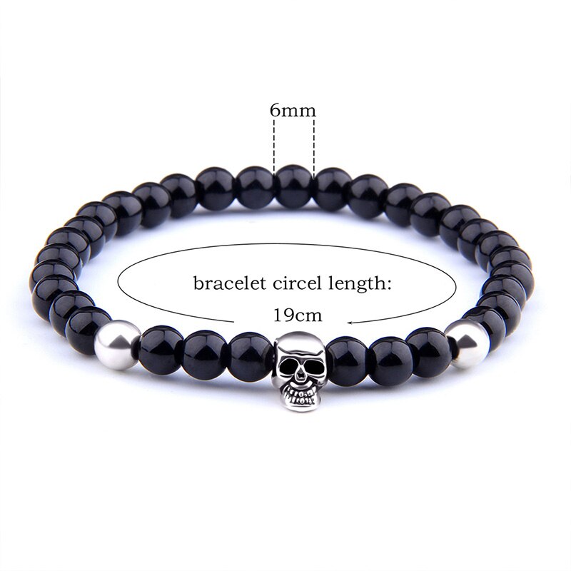 Männer Armbinde Natürliche 6 mm Schwarz Onyx Perlen Armbinde Für Frauen Jahrgang gotisch Elastische Schmuck Schädel Charme Pulseras Mujer