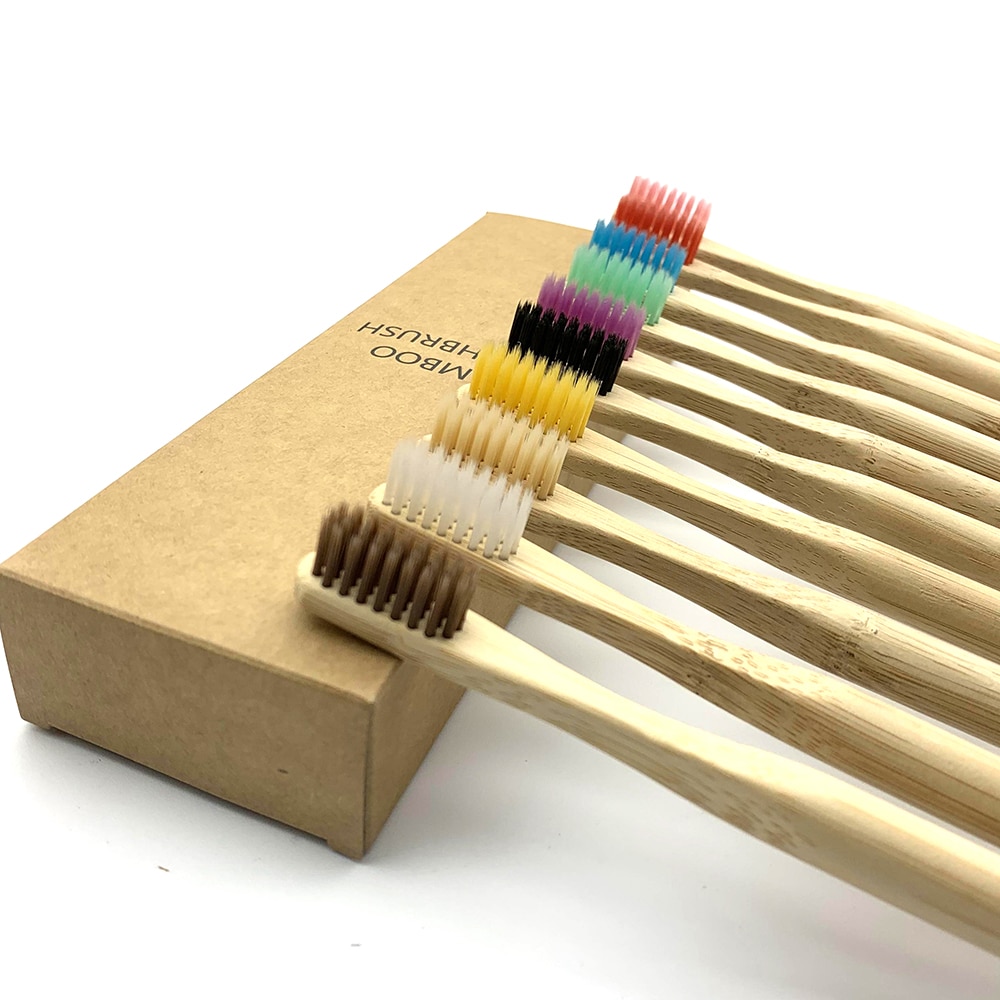 10Pcs Natural Toothbrush Eco-Friendly Rainbow Bamboo Medium Bristle Biodegradable Teeth Brush Solid Bamboo Handle Toothbrush