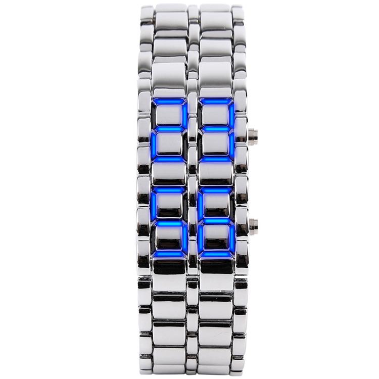 TIke Toker Mode Zwarte Volledige Metalen Digitale Lava Polshorloge Iron Metalen Rode LED Samurai voor Mannen Boy Sport Eenvoudige Wathes: Silver and Blue Ligh