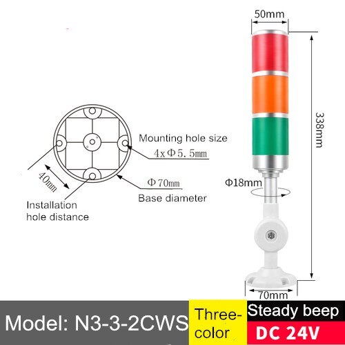 LED Stack Lamp 24V Industrial LED Signal Tower Alarm Caution Light With Buzzer Safety Foldable Warning Light for Machine Tool: N3-3-2CWS