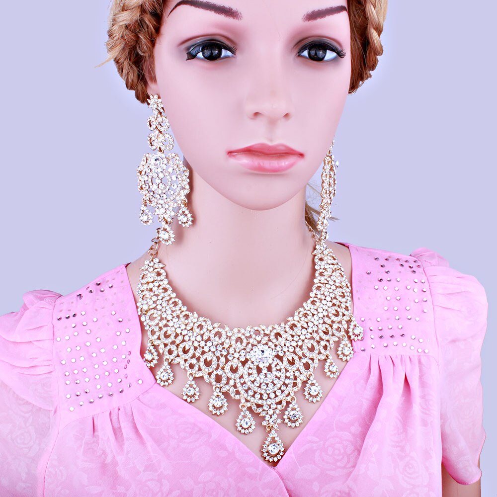 Marokkaanse stijl statement ketting oorbellen set met kristallen strass steentjes luxe bruids- en trouwsieraden sets