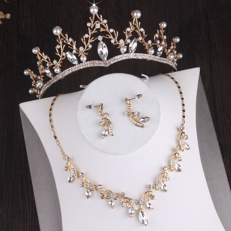 Barokke Vintage Gold Crystal Parels Leaf Bridal Sieraden Sets Strass Tiara Kroon Ketting Oorbellen Bruiloft Dubai Sieraden Set