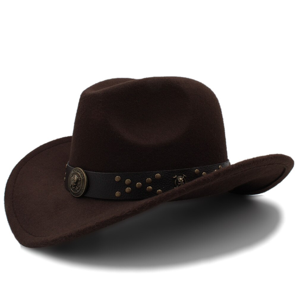 Klassische Frauen Wolle Chapeu Western Cowboy Hütte Winter Herbst Dame Jazz Cowgirl Sombrero hombre Steampunk Kappe Größe 56-58 cm: Kaffee