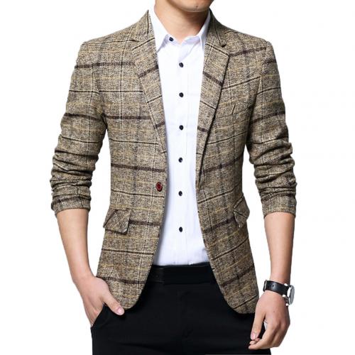 Salg! herre plaid revers slim fit blazer jakke frakke business jakke med én knap herre blazer bryllup dimission jakkesæt: Khaki / L