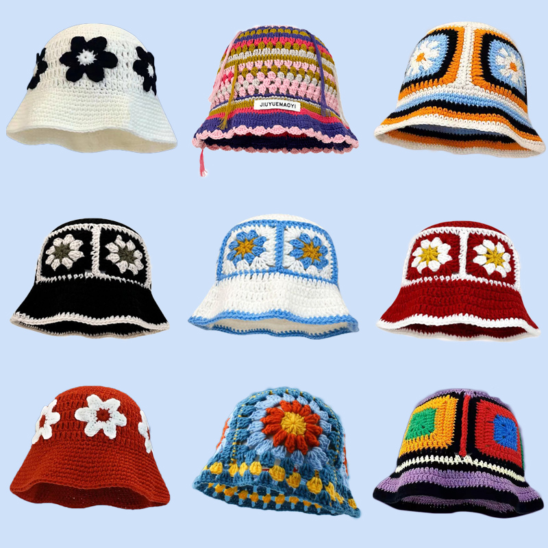 Autumn Crochet Korean Handmade Bucket Hat Women Weaving Knitted Hat Y2k Flowers Autumn Winter Beanies Basin Cap
