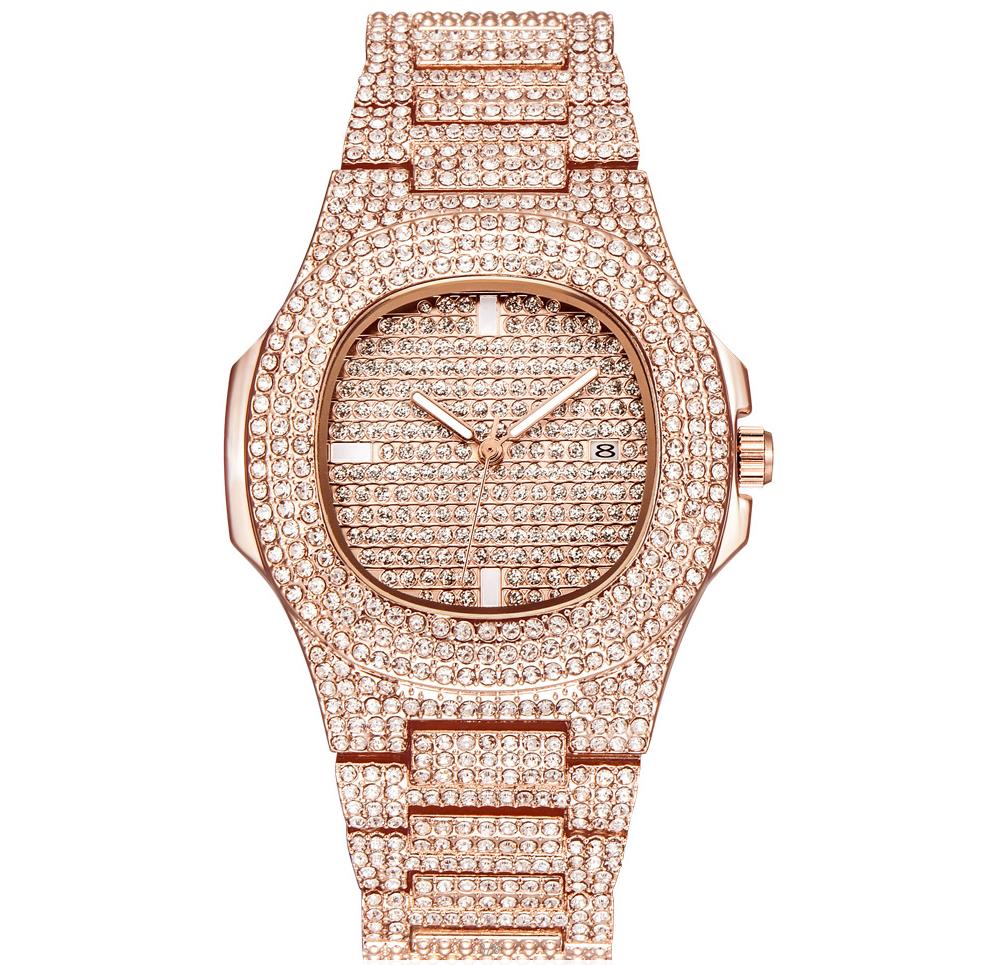 Gold Watch Men Luxury Brand Diamond Mens Watches Top Brand Luxury Iced Out Male Quartz Watch Calender Unique For Men: Rose