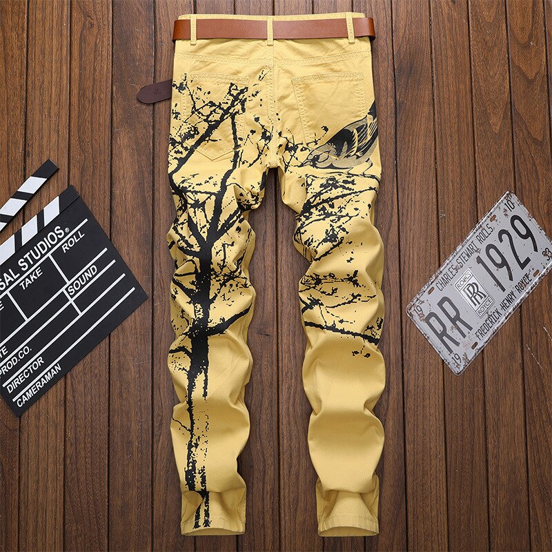 Print Casual Jeans Pants Men Slim Fit Denim Pant Jean Joggers Men Hip Hop Streetwear Trousers Clothing Khaki WA112
