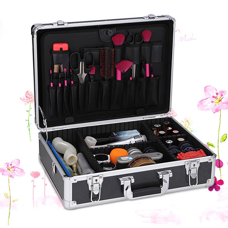 Aluminium Makeup Koffer Zwart Kappers Stylis Kapper Clipper Schaar Case Organizer Cosmetische Gereedschapskist Schoudertas