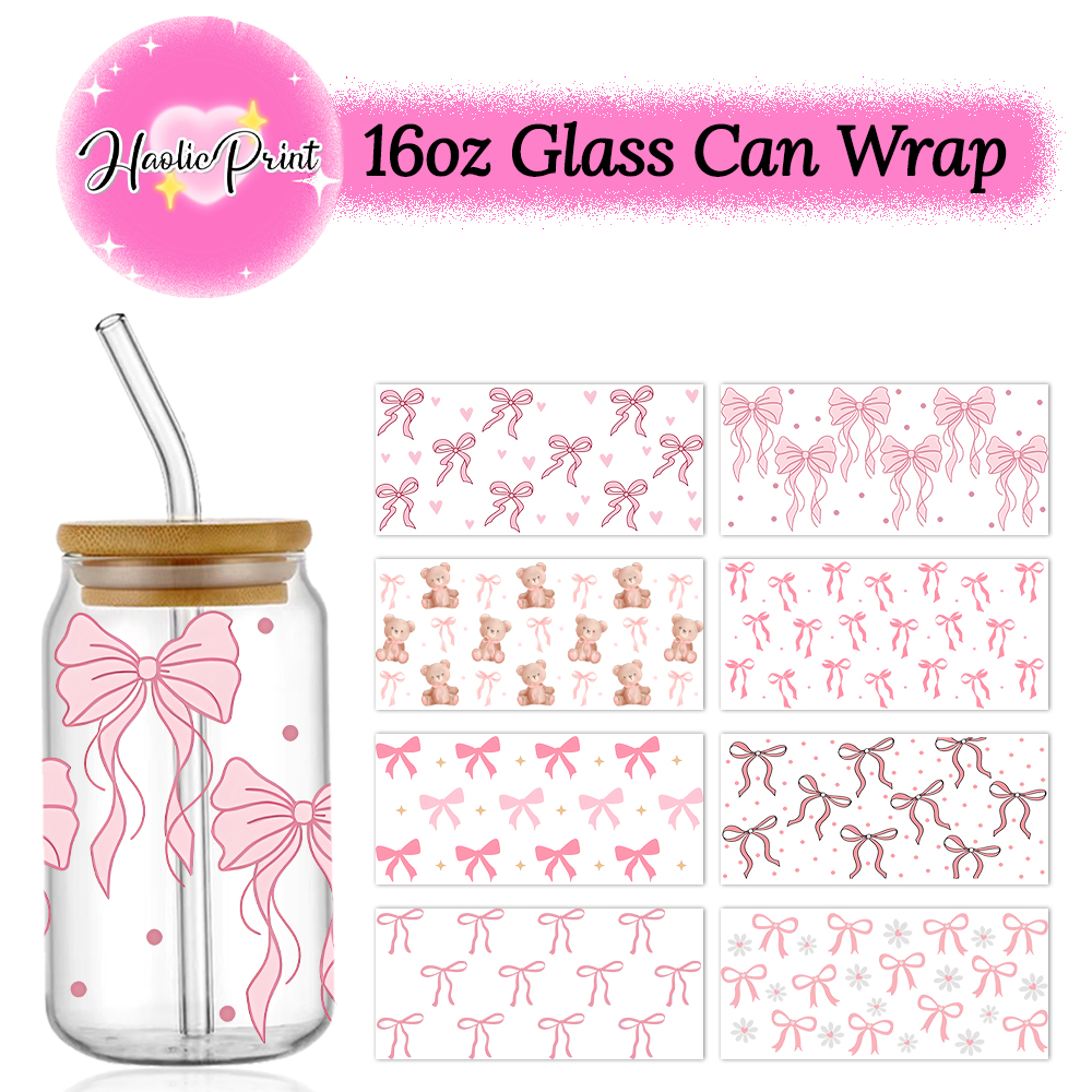 Roze zwierige strikken UV DTF Cup Wrap voor 16oz Libbey bierglas kan mooie liefde linten schattig girly Cup Wrap UV DTF sticker
