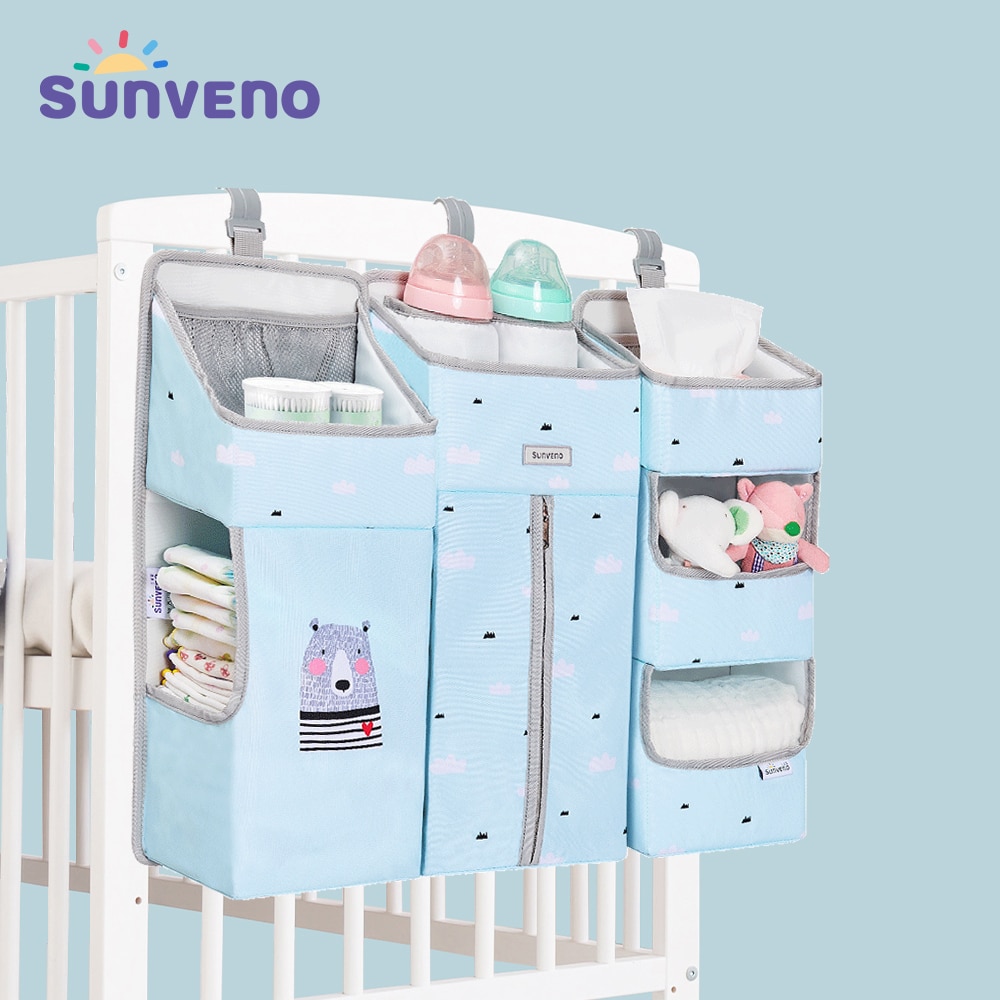 Sunveno Crib Organizer for Baby Crib Hanging Storage Bag Baby Clothing Caddy Organizer for Essentials Bedding Diaper Nappy Bag