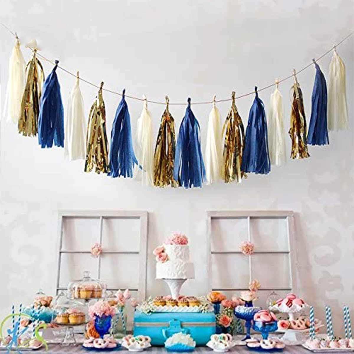 Globos de látex de color azul real, dorado y Beige, decoraciones colgantes para de cumpleaños de niño, bandera de papel, pompón, flor, corazón, guirnaldas con borlas