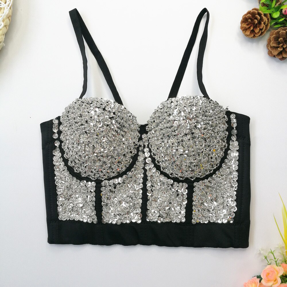 Soutien-gorge Bralette Push Up pour femme, Corset Sexy, brillant, perles, paillettes, boîte de nuit, haut court, vêtements