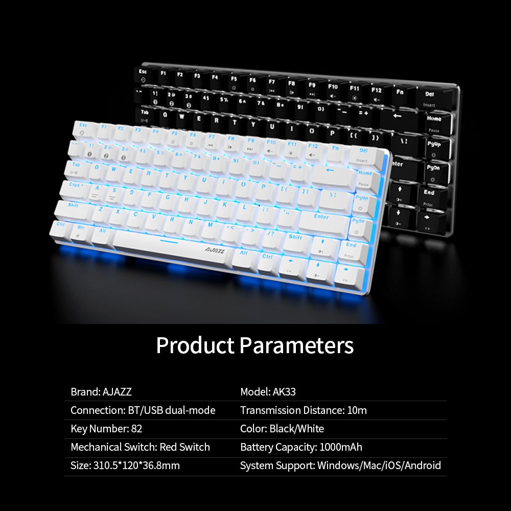 Ajazz AK33 82 Keys BT&USB Wired Dual-mode Mechanical Keyboard Monochromatic Backlight Gaming Office Keyboard pc Wired Keyboard