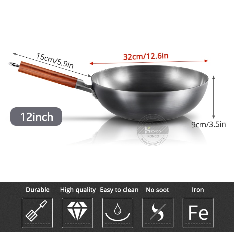 Konco Chinese Ijzeren Wok Traditionele Handgemaakte Ijzeren Wok Non-stick Pan Non-Coating Gas En Inductie Kookplaat Kookgerei keuken Pot