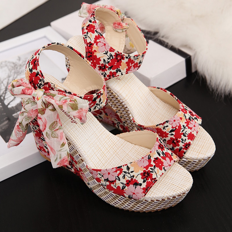 nouvelle plage d'été Boho sandales à talons compensés à fleurs femmes bride à la cheville plate-forme gladiateur chaussures femme talons hauts Sandalias Mujer