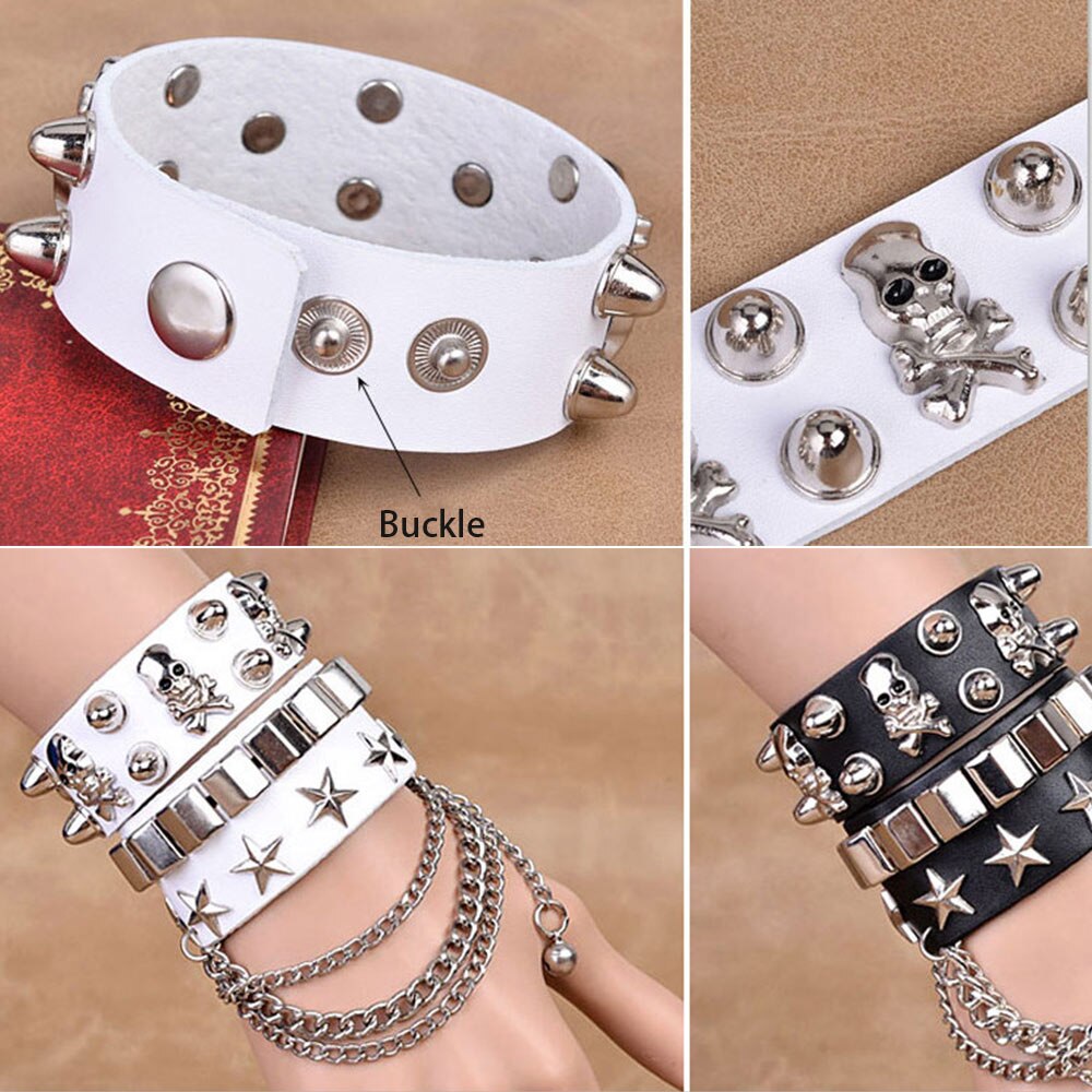 Gothic Skull Punk Jewelry Men Bracelet Women men punk skull Bracelet Rivet Leather Cuff Bangle W/Adjustable Button