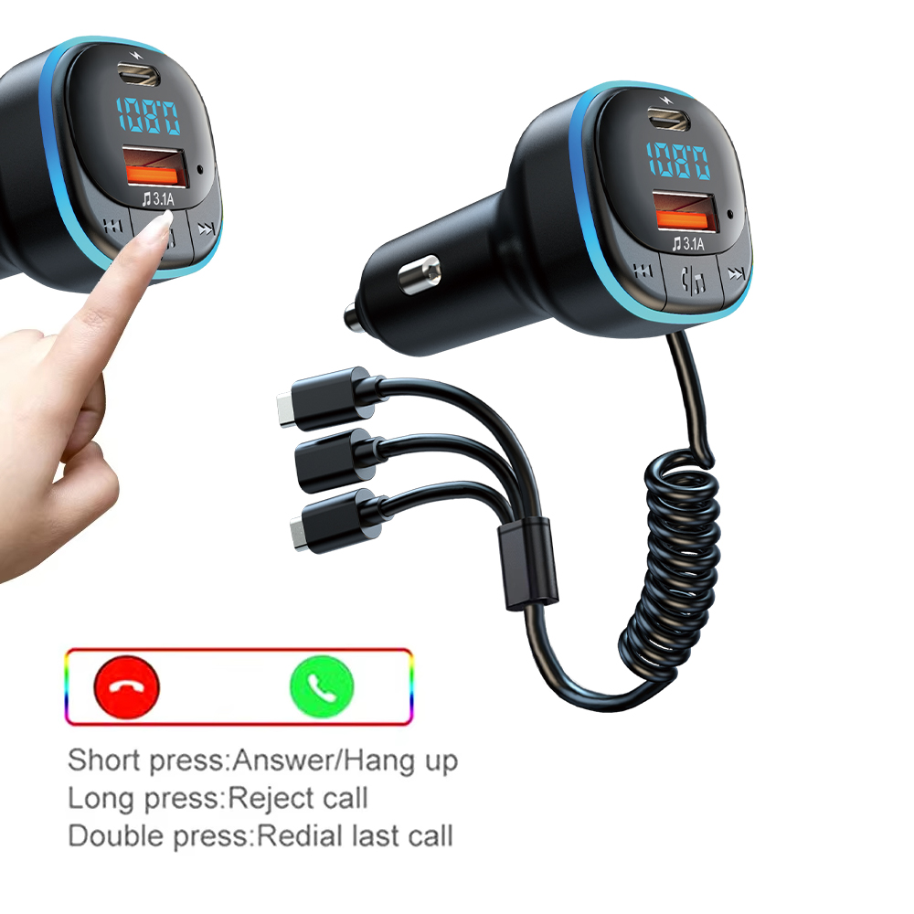 Lettore MP3 per auto con trasmettitore FM senza fili Caricatore per auto doppio USB kit per auto con risposta uno tocco con cavo di ricarica 3 in 1