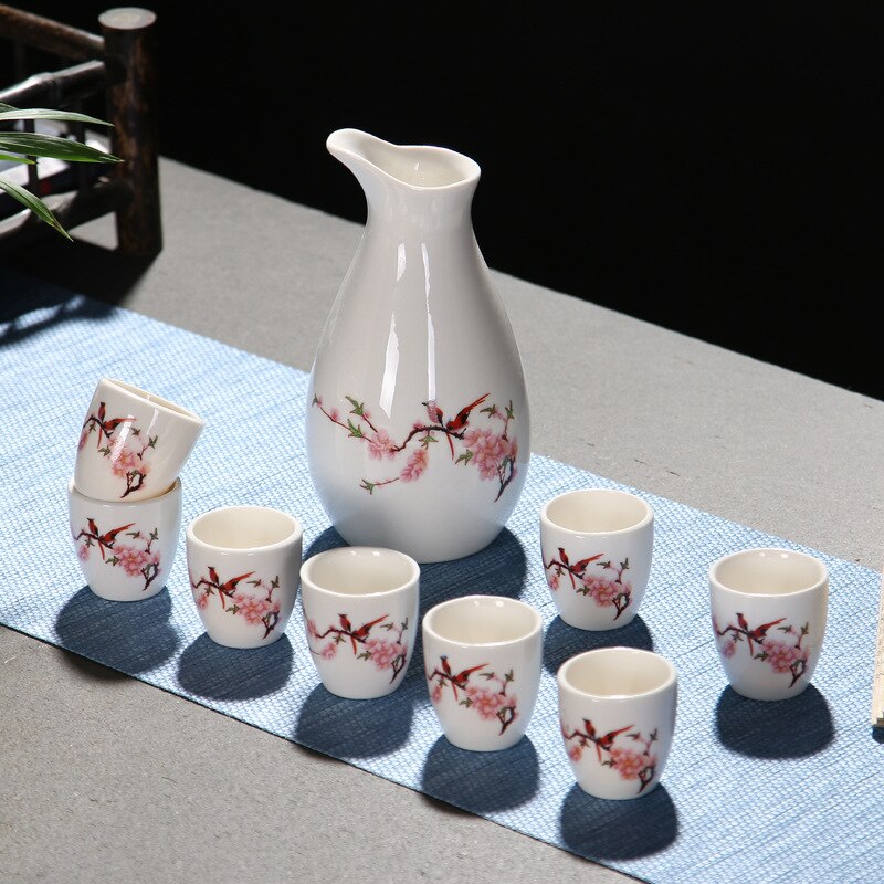 1 Pot 8 Cups Ceramic Wine Set Home Chinese Style Baijiu Wine Set Box Ceramic Dispenser Wine Glasses: Peach Blossom