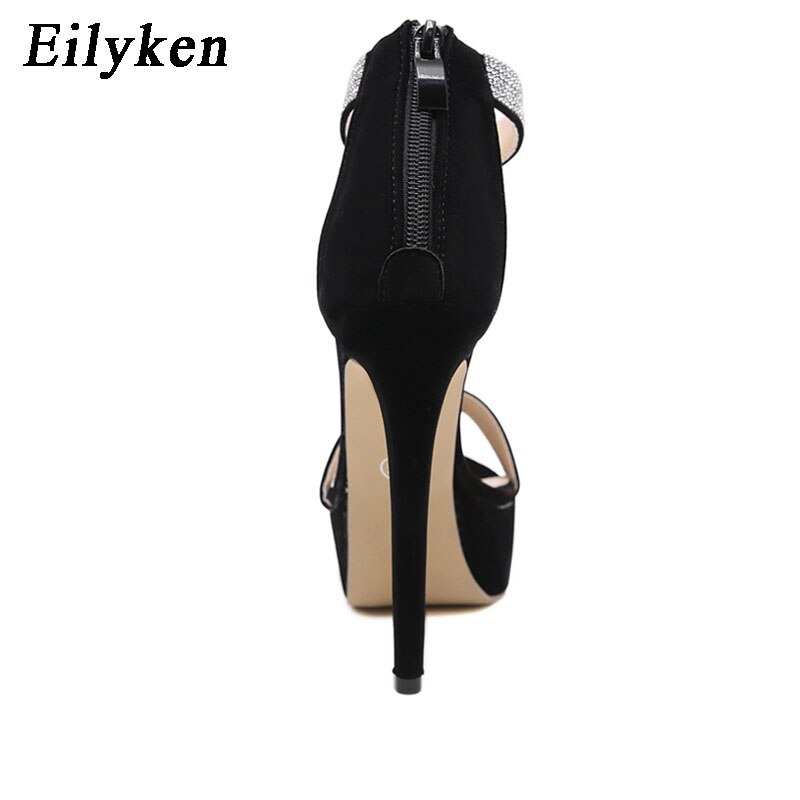 Eilyken, Sandalias con tacón de plataforma con cremallera, Zapatos de tacón alto de verano para Mujer, toboganes con punta abierta de cristal, Zapatos negros, Zapatos de Mujer con agujeros