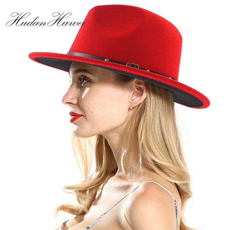 Unisex flad kant uldfilt fedora hatte med bælte rød sort patchwork jazz formel hat panama cap trilby chapeau til mænd kvinder