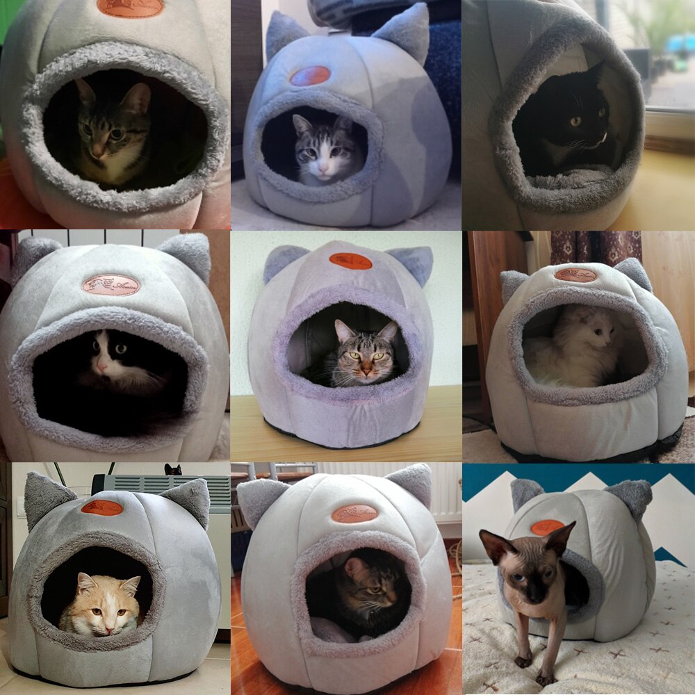 2-in-1 Foldable Cat Bed Kitten Cage Nest Indoor Cave House With Removable Soft Mat Kennel Winter Sleep Bag Washable Tent