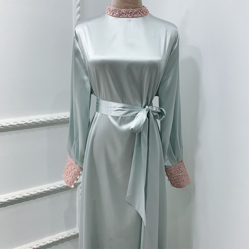 Eid Satijn Kralen Abaya Jurk Moslim Vrouwen Zomer Mode Stand Kraag Lange Mouw Elegante Vintage Lange Maxi Jurk Bescheidenheid