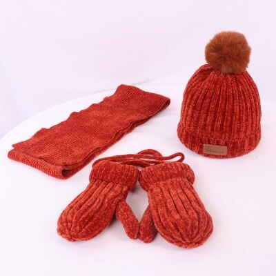 Børn vinter tredelt sæt varm plus fløjlhandske + hat + strikket tørklæde børn ensfarvet tilbehør til koldt vejr: H