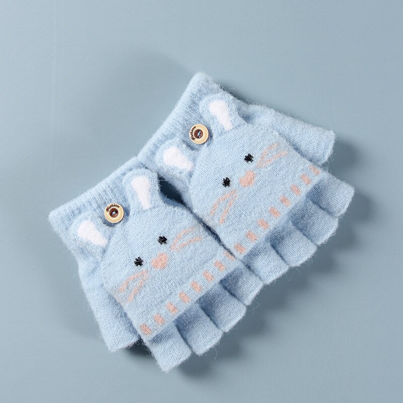 Gants doux tricotés avec des animaux de dessin animé pour bébés, pour filles et garçons, à rabat, mitaines chaudes sans doigts pour enfants, automne et hiver: Blue