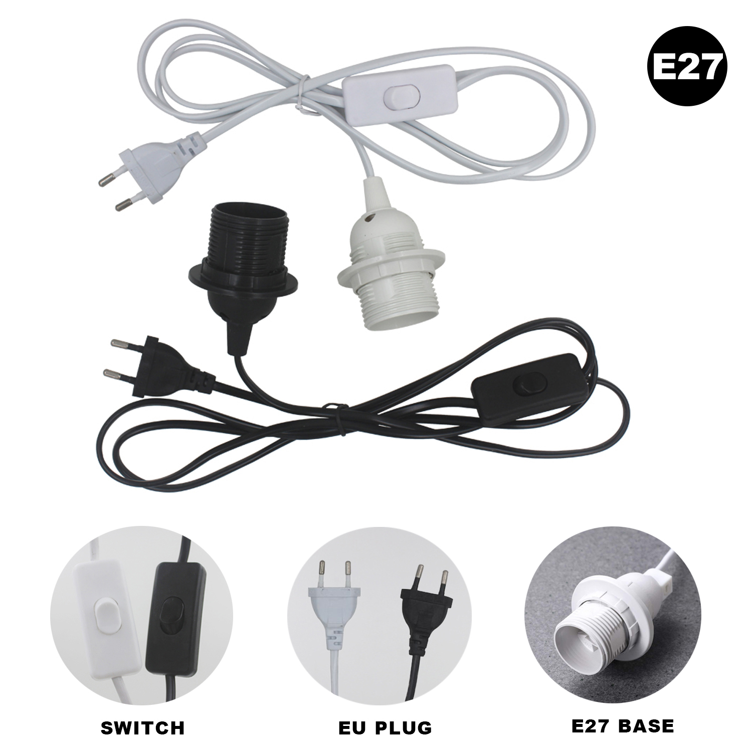 GANRILAND Przewód lampy Wtyczka EU E14 E27 Gniazdo 1.8M Dekoracyjny czarno-biały uchwyt lampy z przełącznikiem Ściemniacz Przewód zasilający: SZARY / 2g11