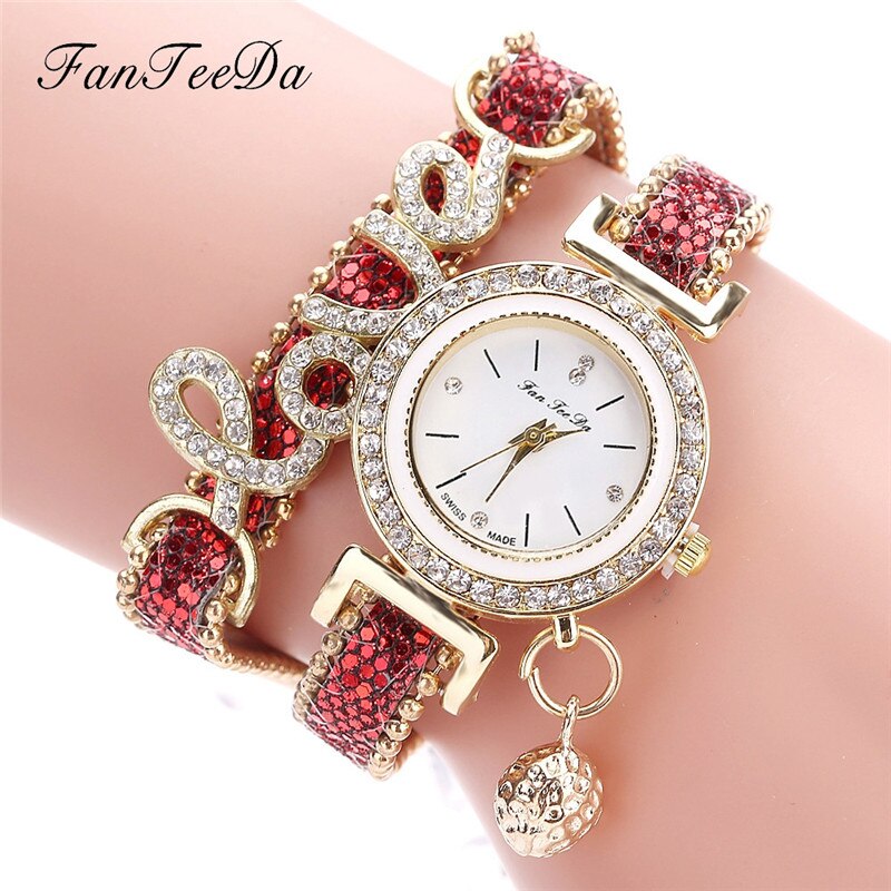 FanTeeDa Brand Luxe Vrouwen Horloge Horloges Liefde Woord Lederen Band Dames Armband Horloge Casual Quartz Horloge Klok: Rood