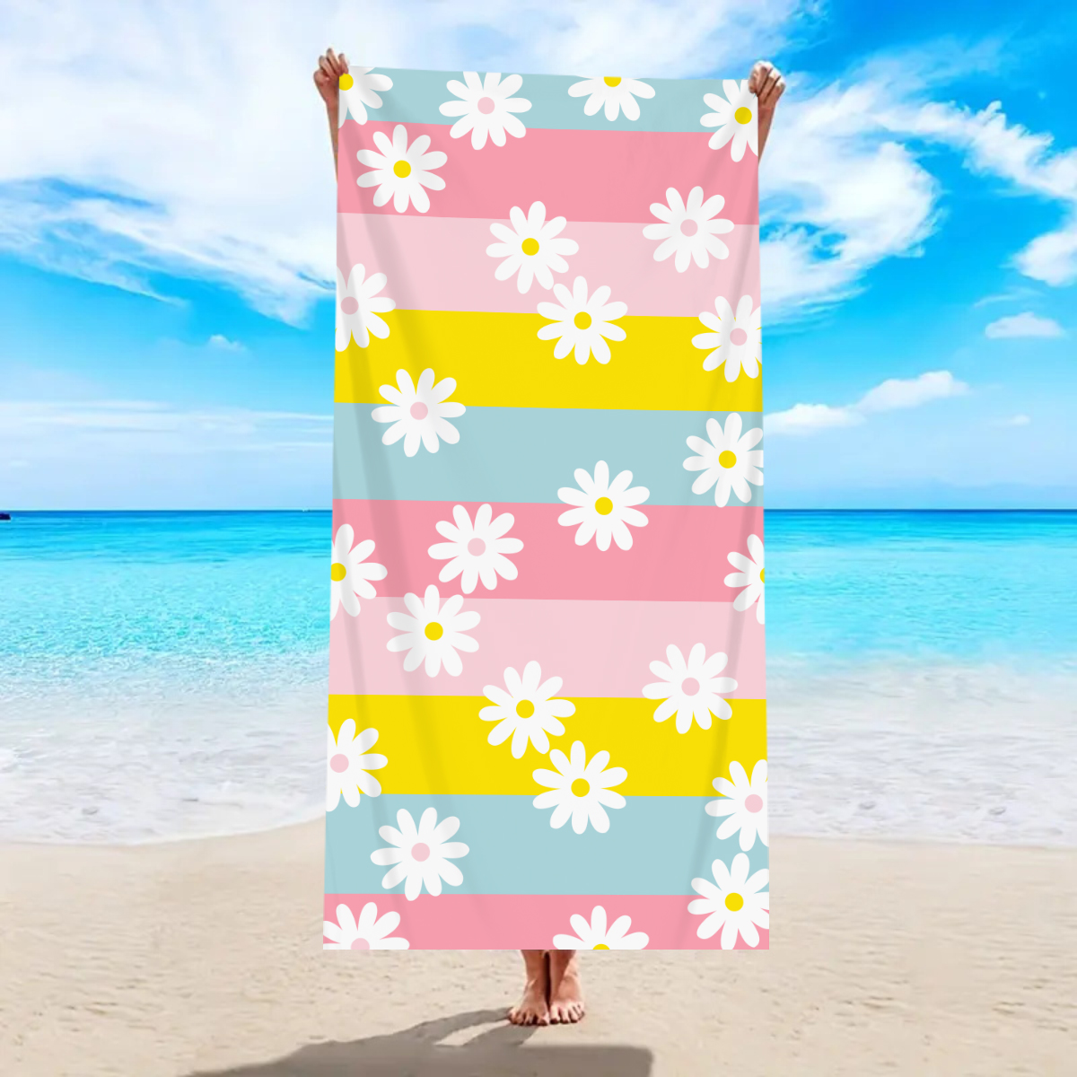 1pc Boheemse grote strandlaken, gestreepte bloemliefde bedrukte badhanddoek, buitenzwemmen, , camping strandlaken: S / YELLOW