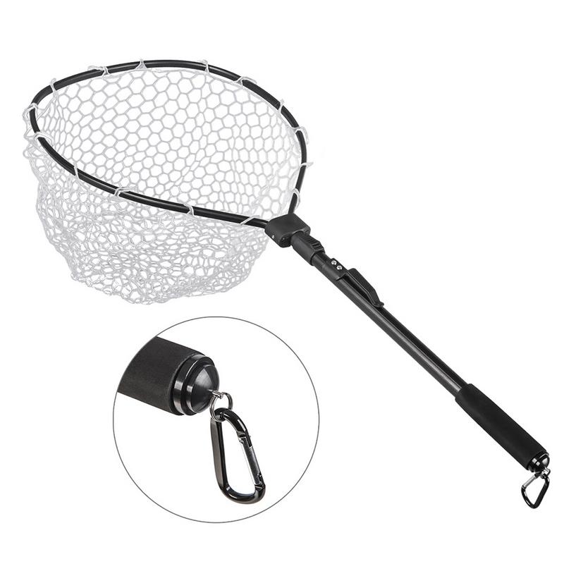 Fast Folding Hand Net Fishing Fly Fish Landing Net Trout Bass Soft Rubber Mesh Catch Release Net Aluminum Alloy Black