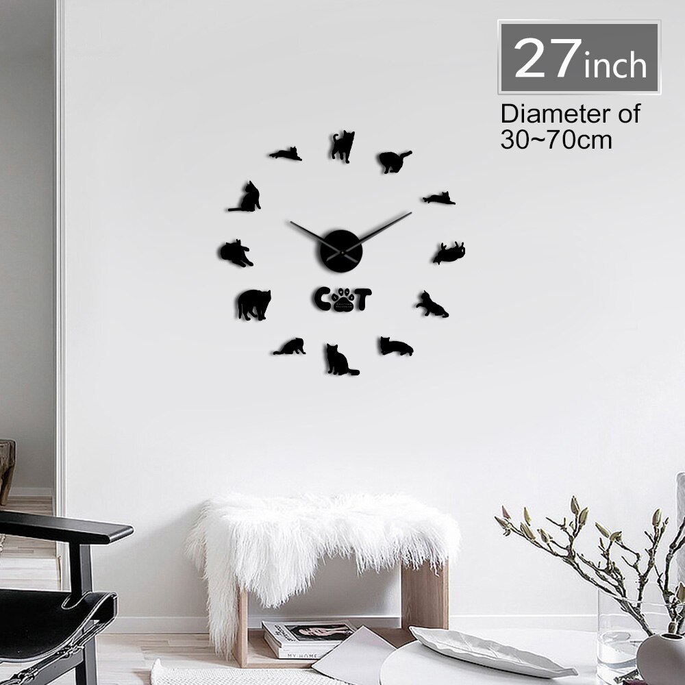 Amerikaanse Korthaar Kat Rassen Met Spiegel Numbers Stickers Wall Art Klok Horloge Kitty Dieren 3D Diy Acryl Wandklok