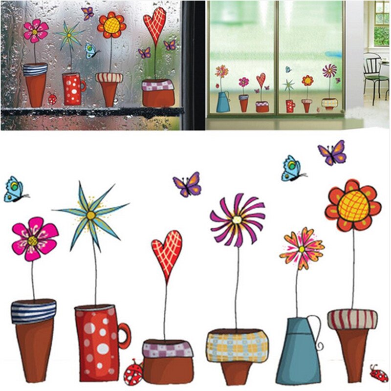 Pot Plant Bloem Vlinder Natuur Lovely Window Muurtattoo PVC Muursticker Home Decor DIY Thuis Woonkamer