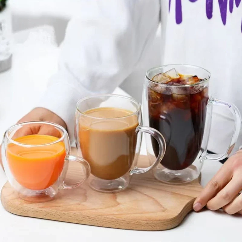 Dubbelwandige glazen beker koffiekopje koffiewaren mok transparante muur hoge borosilicaat waterbekers hittebestendig handvat espressokopje