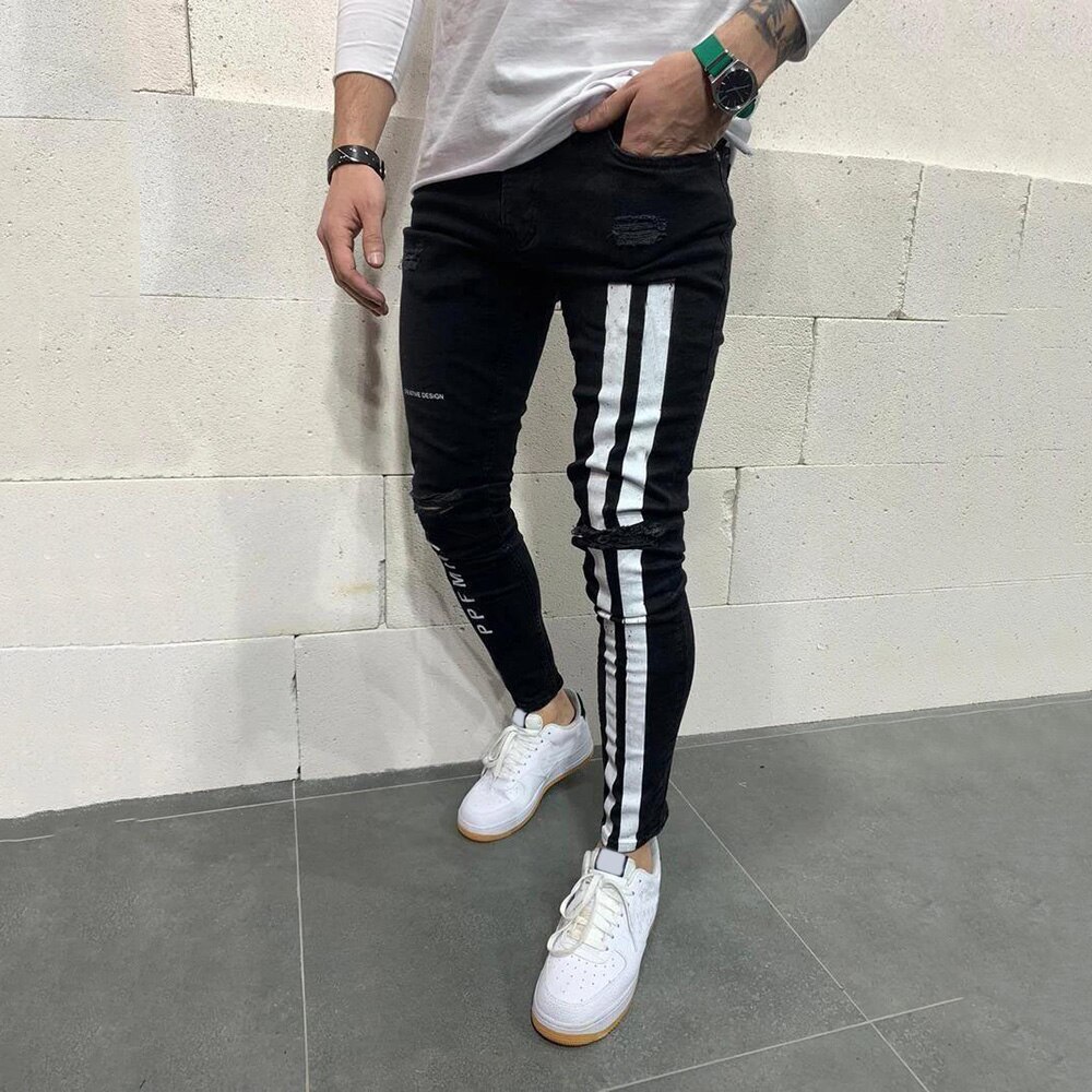 De los hombres flacos Biker vaquera lado rayas Hombre Vaqueros pantalones con rasgado destruido agujero rayado cremallera Slim pantalones D30