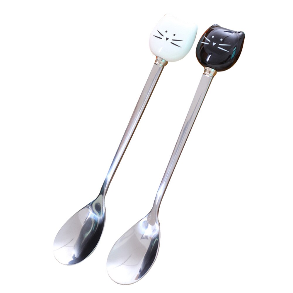 1 Pc Ceramic and Stainless Steel Small Spoons Cartoon Kitty Coffee Tea Stirring Spoon (Black Kitty): Picture 1